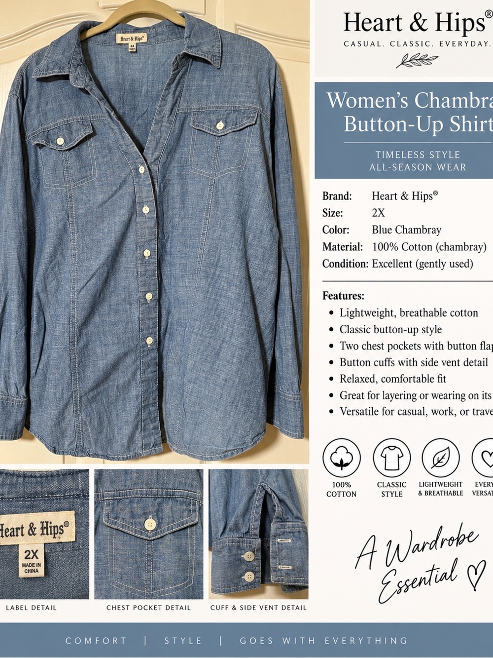 Heart & Hips Blue Chambray Button-Down Shirt